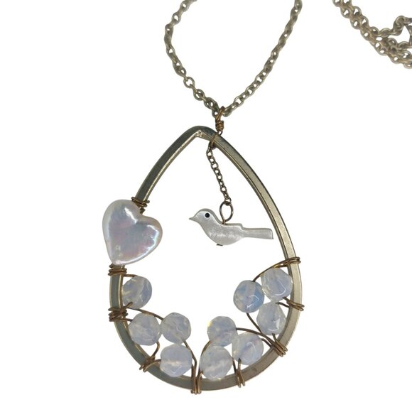 Bird Pendant Necklace Handmade Cats Eye Mother Pearl Dangle Long Ra… - Picture 1 of 11